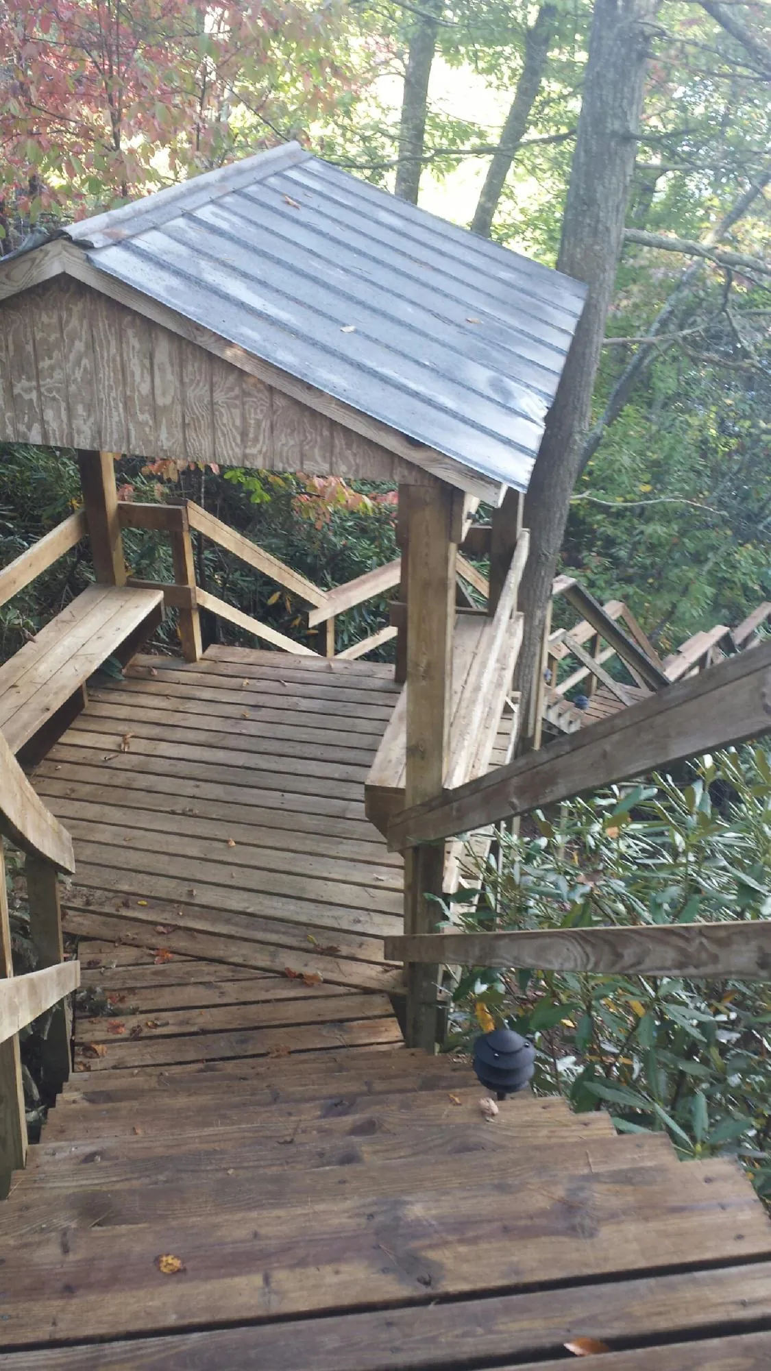 Metal roofed shelter over wooden steps on a wooded walkway — Skylight Repair & Installation work by our crew in Dansville